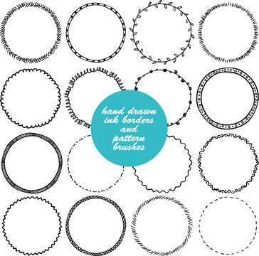 Set of hand drawn vector decorative elements. Round doodle ornamental frames with stripes, circles, waves. 