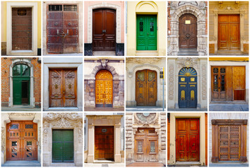 Photo collage of 18 colorful front doors to European houses and homes. Collage of the doors in Europe. Different European facade entrance doors. Europe colorful living city compilation set.