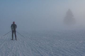 cross country skier in dense fog, winter snowy landscape