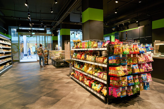 COLOGNE, GERMANY - CIRCA OCTOBER 2018: interior shot of REWE To Go. The REWE Group is a German diversified retail and tourism co-operative group based in Cologne, Germany.