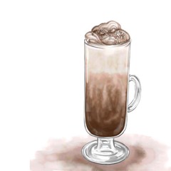 Coffee with whipped cream and cinnamon. Hand drawn. Watercolor. milk foam. Trendy Design for menu, cafe, restaurant. Isolated on white. Realistic, aroma coffee, hot drink. Latte glass. Clip art.