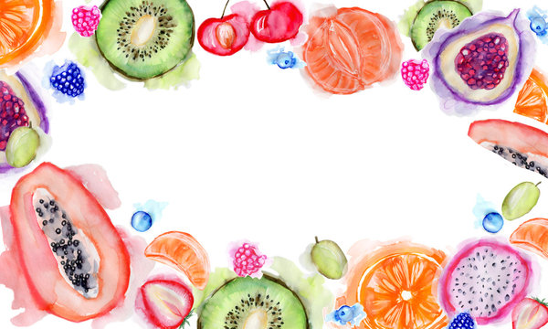 Fruits and berries. Watercolor hand painted border. Colorful illustration of fresh exotic fruits and berries.I solated on white background. Watercolor splashes and stains. Kiwi, passionfruit, papaya.