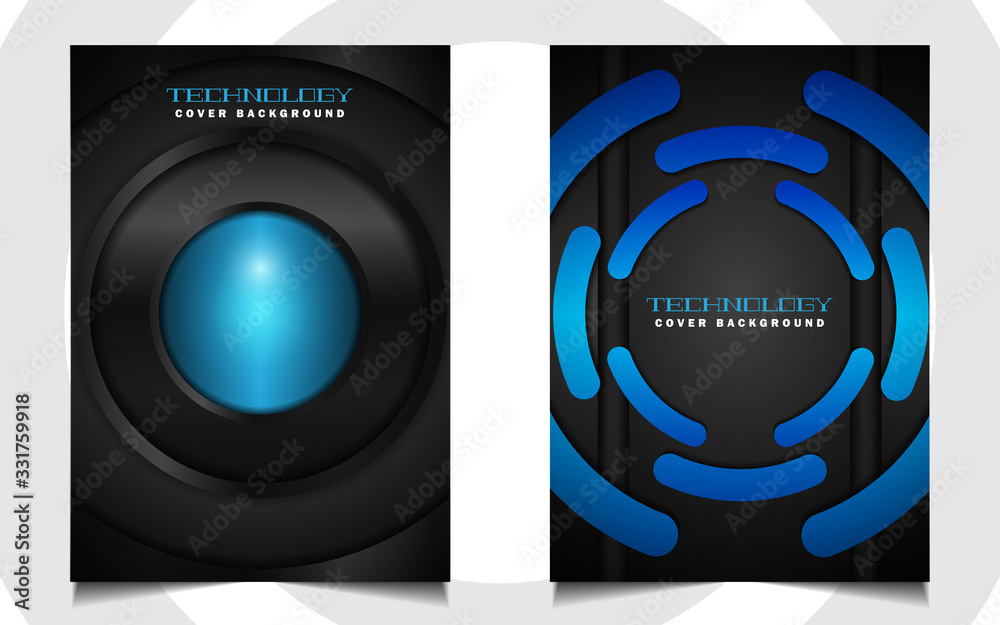 Wall mural abstract futuristic cover background template with blue technology style on black shapes. modern lay