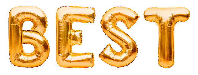 Word BEST made of golden inflatable balloons isolated on white background. Helium balloons gold foil forming word best. Discount and advertisement, party decoration