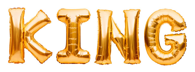 Golden word KING made of inflatable balloons isolated on white background. Gold foil balloon letters. Party, birthday, celebration concept