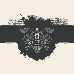 Vector banner with vignette or logo for writer on the background of abstract black spots in retro style. Artistic illustration with nib, angels, curlicues, black blots and splashes.