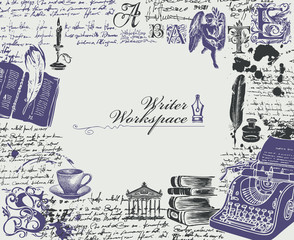 Vector banner on a writers theme in vintage style. Writer workspace with sketches and place for text. Artistic illustration with hand-drawn typewriter, books, angel and handwritten notes with spots. - obrazy, fototapety, plakaty