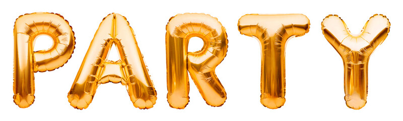 Golden word PARTY made of inflatable balloons isolated on white background. Gold foil balloon...