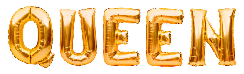 Golden word QUEEN made of inflatable balloons isolated on white background. Gold foil balloon...