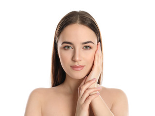 Portrait of young woman with beautiful face on white background