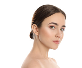 Portrait of young woman with beautiful face on white background