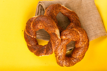 Tasty turkish bagels on tablecloth