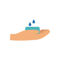 hand holding a soap bar and water drops icon, handwashing symbol, flat style