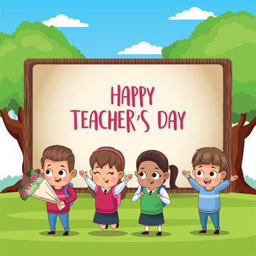 happy teachers day card with students in the field Stock Vector | Adobe  Stock