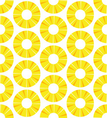 Seamless sliced pineapple pattern on the white background. Bright yellow slices. Print for wallpaper, covers, web, wrapping paper, fabric, textile.