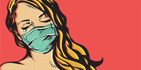 Pop Art weinende Frau mit einer Gesichtsmaske, die vor dem Coronavirus schützt. COVID-19 Pandemie Coronavirus Mask Woman. © etraveler