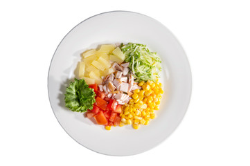Cold appetizer of ham, golden corn, tomato, potato, cucumber and lettuce
