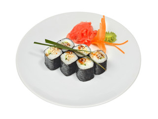 Sushi rolls with eel, sesame and nori on white round plate