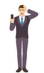 Businessman holding mobile phone and grabbed his head. Full length portrait of Businessman in a flat style.
