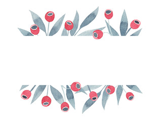Abstract floral banner with grey leaves and red berries