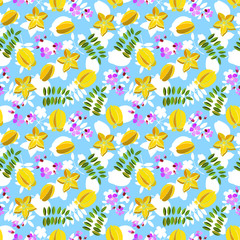 Obraz premium Seamless pattern of fruit flowers and leaves of carambola. eps10 vector stock illustration