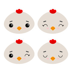 Set of cute vector illustrations with farm animals. Emotional chicken, rooster Isolated on a white background. Easter theme. Design for children, poster, print on fabric, greeting card.