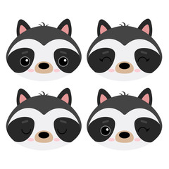 Set of cute vector illustrations with wild forest animals. Emotional raccoon isolated on a white background. Design for children, poster, print on fabric, greeting card.