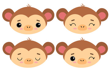 Set of cute vector illustrations with wild animals. Emotional monkey Isolated on a white background. Design for children, poster, print on fabric, greeting card.