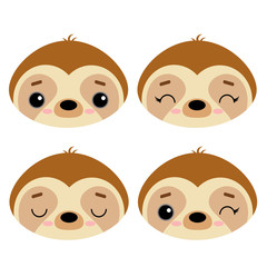 Set of cute vector illustrations with wild animals. Emotional sloth isolated on a white background. The trend. Design for children, poster, print on fabric, greeting card.