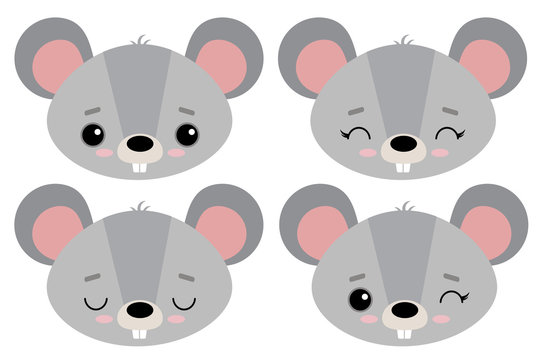 Set of cute vector illustrations with wild animals. Emotional mouse, rat isolated on a white background. A pet. Design for children, poster, print on fabric, greeting card.