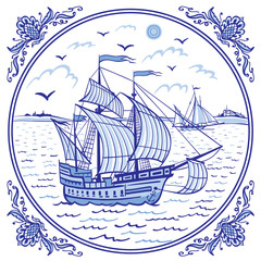 Sailing ship at sea, seascape in a patterned frame, illustration in folk style, Eastern or European painting for dishes, ceramics, etc. in blue tones.