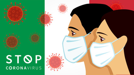 Stop Coronavirus, men & women in medical mask on Italy flag background with red virus COVID-19. Pandemic outbreak SARS nCoV, vector graphic creative with typography Stop Corona virus