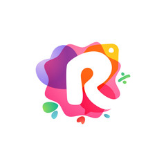 R letter logo with Sale icons. Overlapping watercolor negative space font.