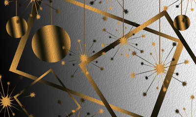 Gold bronze 3d snowflakes, squares, circle, strips, abstract background, for Christmas, holiday, postcard, invitation, business ideas