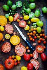 Fresh organic multi-colored tomatoes with knife