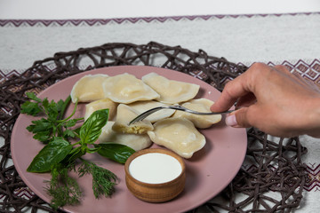 dumplings with potatoes, homemade traditional Ukrainian dish varenyky