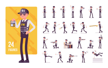 FBI agent character set. Federal Bureau of Investigation employee in bulletproof vest investigating crimes, enforcing federal laws, protecting. Full length, different view, gestures, emotions, poses