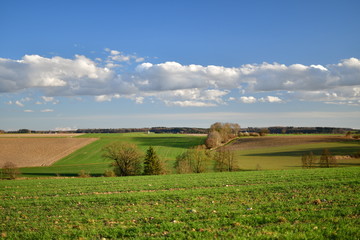 Landschaft in Oberschwaben mit blauem Himmel und Wolken