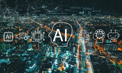 AI concept with aerial cityscape view of Japan at night