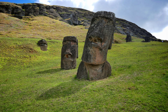 Easter Island &ndash; Moai stone statues at the Ranu Raraku vulcano stone quarry