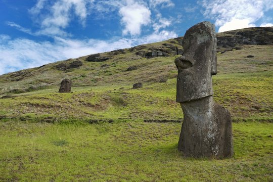 Easter Island &ndash; Moai stone statue at the Ranu Raraku vulcano stone quarry