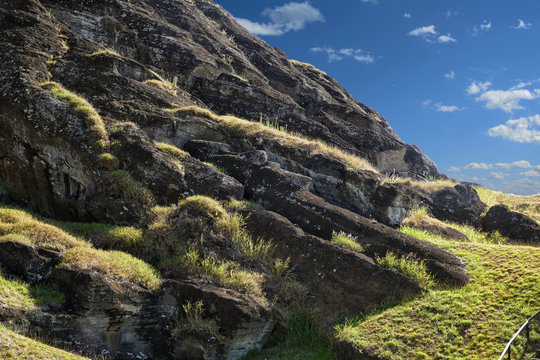 Easter Island &ndash; Unfinished Moai stone statue at the Ranu Raraku vulcano stone quarry