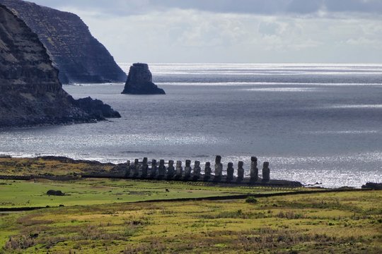 Easter Island &ndash; View from Ranu Raraku vulcano stone quarry to the Moai Statues of Tongariki