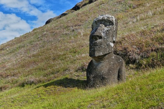 Easter Island &ndash; Moai stone statues at the Ranu Raraku vulcano stone quarry