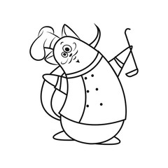 Coloring page with cat for children. Outline chef cat isolated on white background. Funny cartoon cat cook for coloring book.