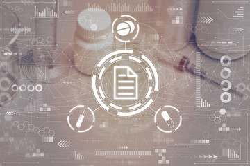 Drug List Concept. Abstract medical icons on a blurred background of instruments. Toned. Blurry.