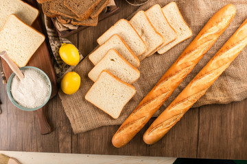 French baguette with slices of bread in basket