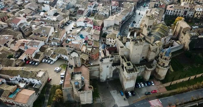 Aerial view of impressive medieval Royal Palace of Olite in autumn day, Navarre, Spain