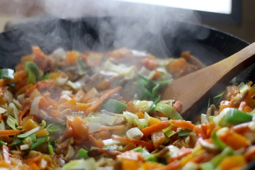 Stir- fry vegetables and portobello mushrooms in a wok. Selective focus.