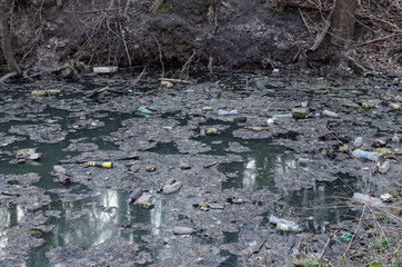 polluting plastic, old fallen trees fallen on the current stream, early spring